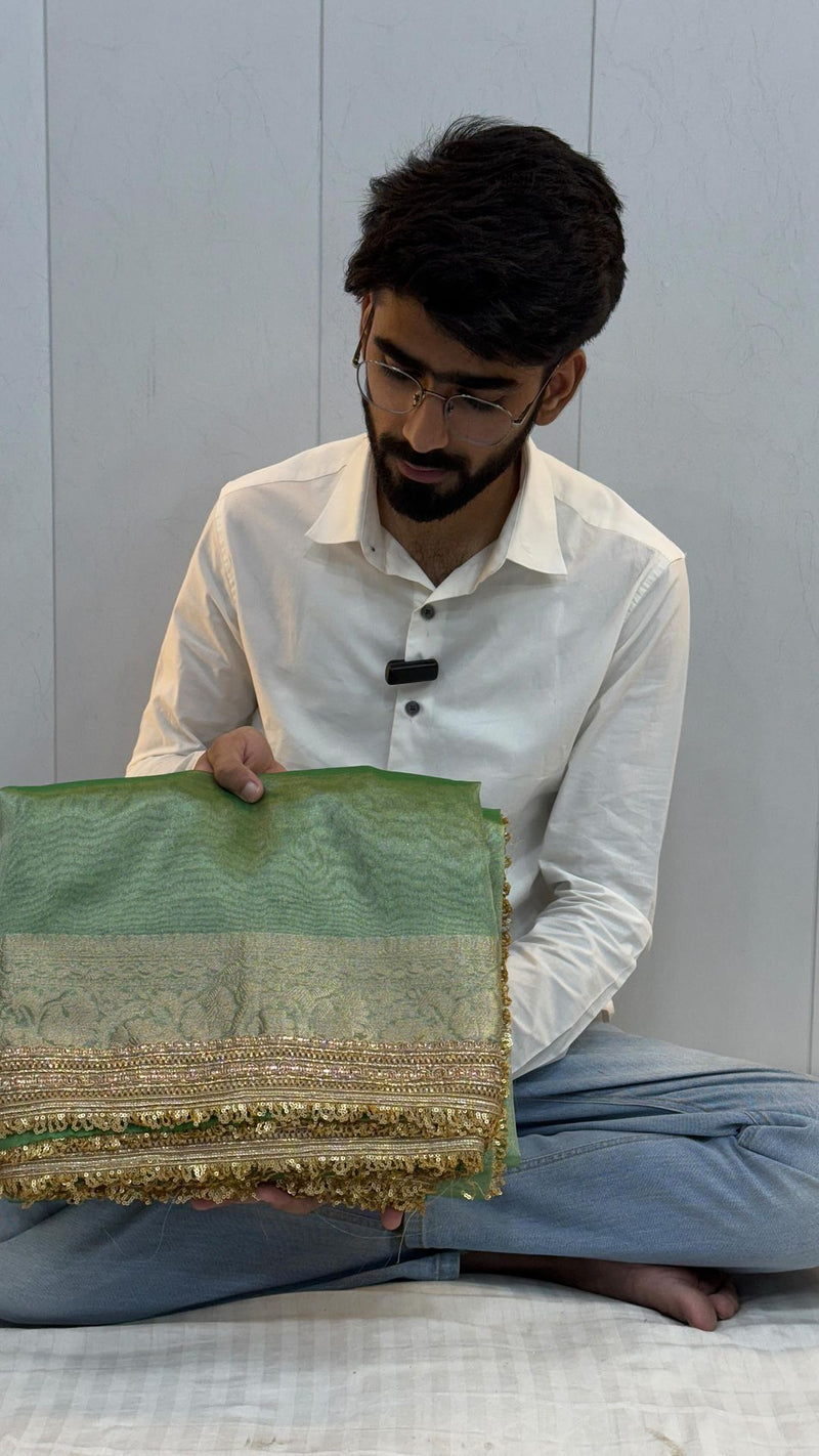 Mint Green Tissue Silk Lace Attached Banarasi Saree