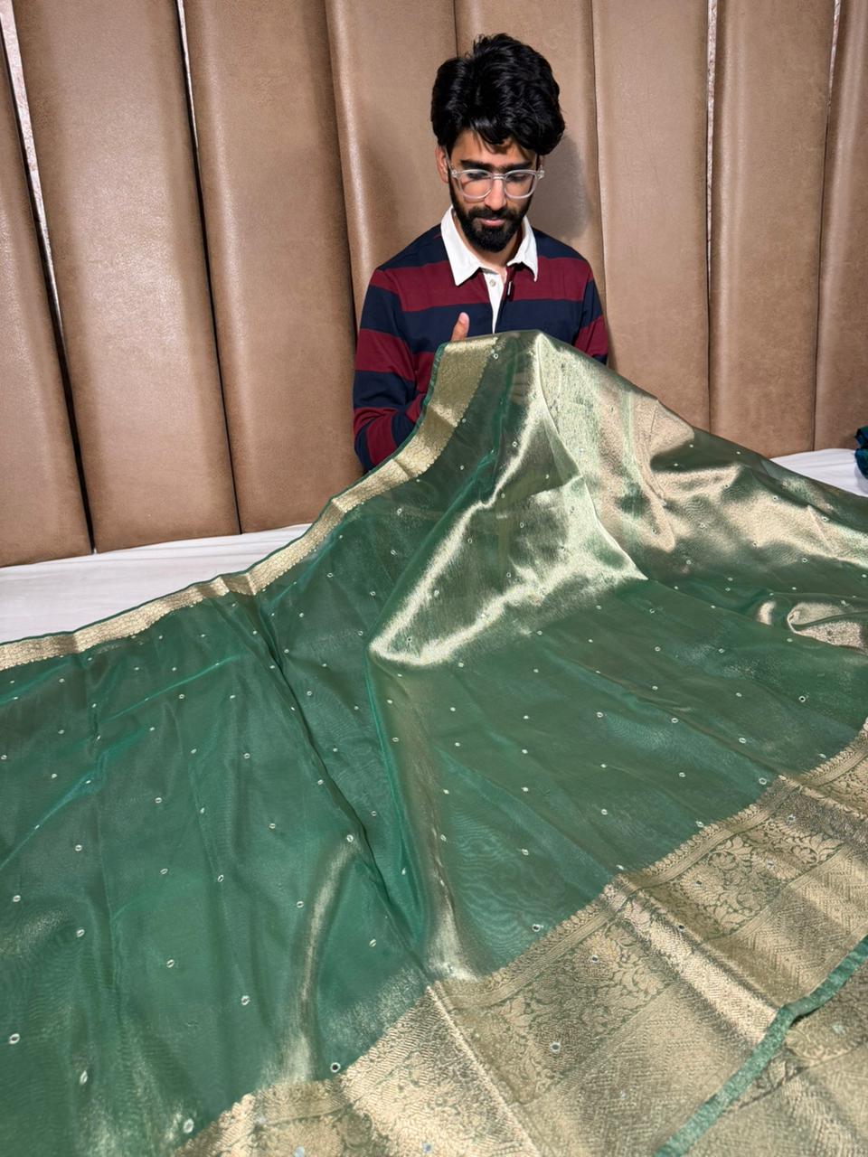 Moose Green Kora Tissue Silk Mirror Work Saree