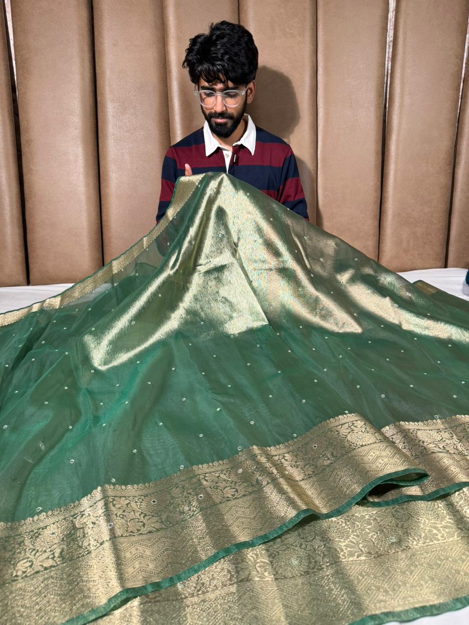 Moose Green Kora Tissue Silk Mirror Work Saree