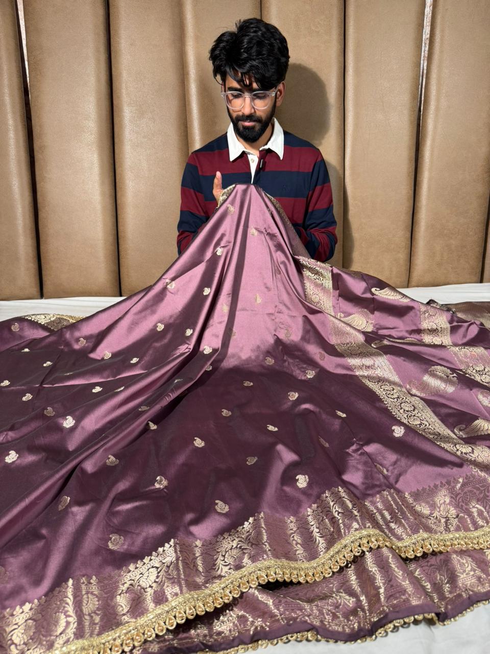Moose Lavender Banarasi Silk Lace Work Saree