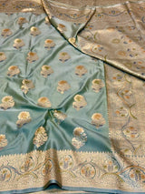 Moss Green Handbrush Painted Mashru Katan Silk Banarasi Saree