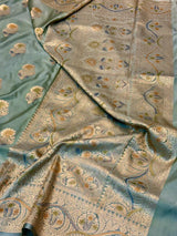 Moss Green Handbrush Painted Mashru Katan Silk Banarasi Saree