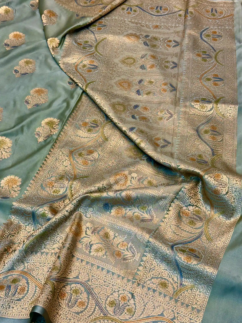 Moss Green Handbrush Painted Mashru Katan Silk Banarasi Saree