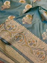 Moss Green Handbrush Painted Mashru Katan Silk Banarasi Saree