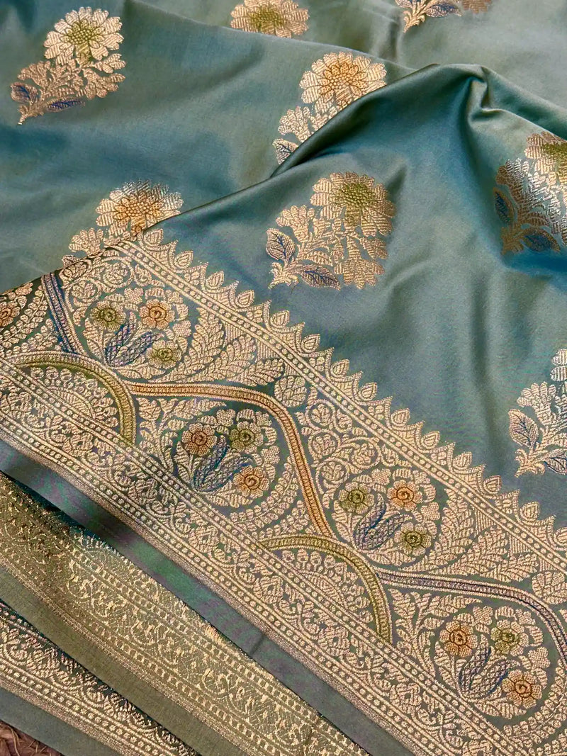Moss Green Handbrush Painted Mashru Katan Silk Banarasi Saree
