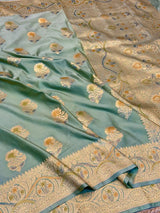 Moss Green Handbrush Painted Mashru Katan Silk Banarasi Saree