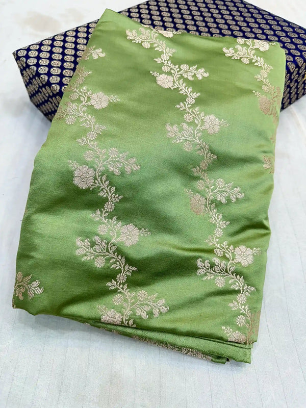 Moss Green Mashru Katan Silk Leheriya Weave Banarasi Saree