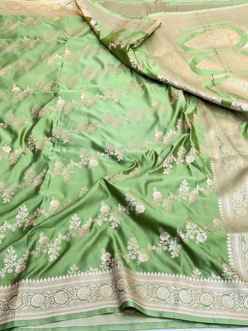 Moss Green Mashru Katan Silk Leheriya Weave Banarasi Saree