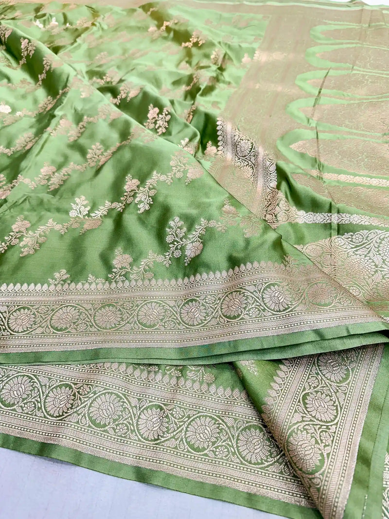 Moss Green Mashru Katan Silk Leheriya Weave Banarasi Saree