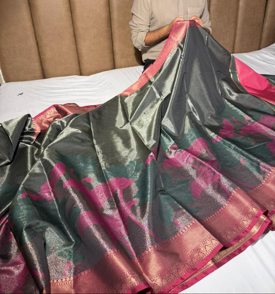 Most Premium Banarasi Tissue With Grand Floral Weave Design