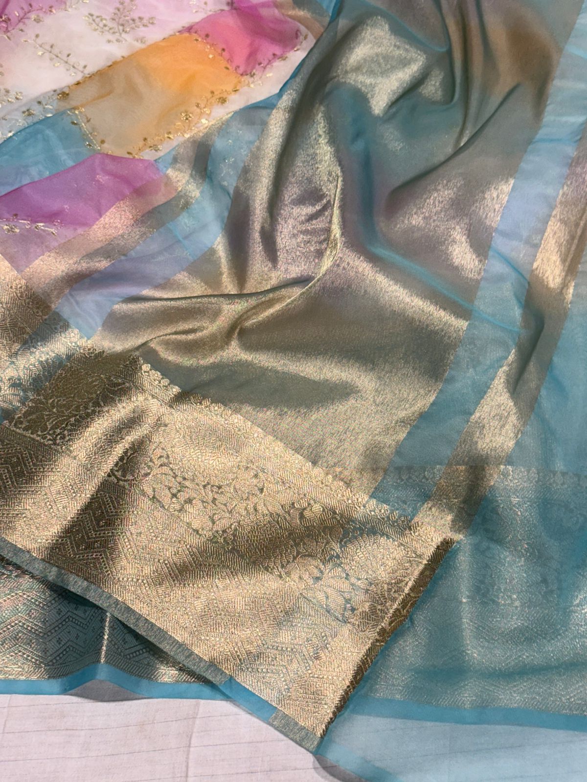 Multicoloured Rangkat Dyed Kora Organza Embroidery Work Banarasi Saree