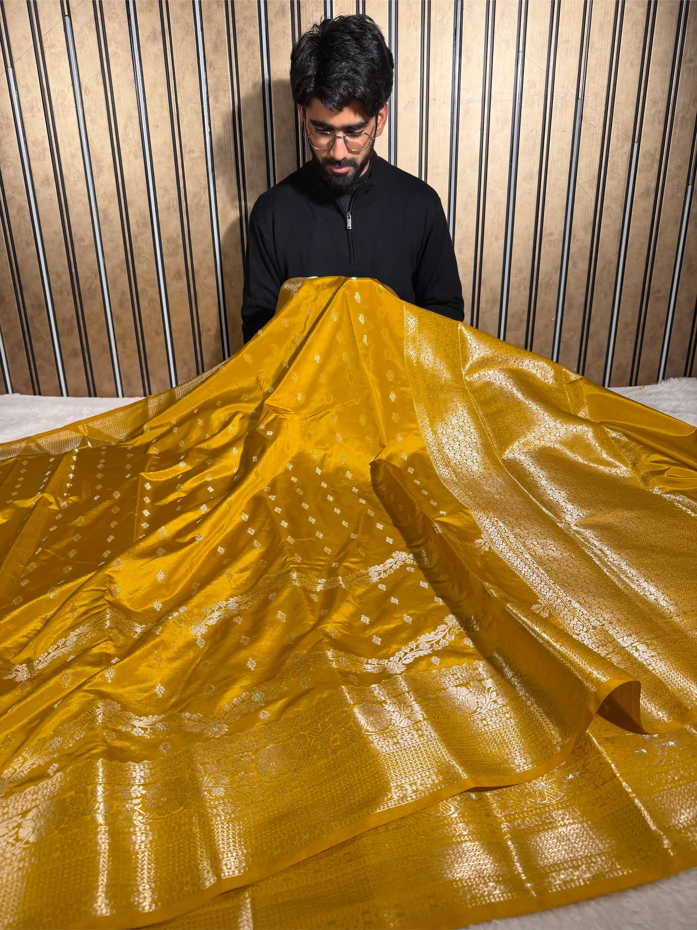 Mustard Gold Banana Silk Heritage Weave Banarasi Saree