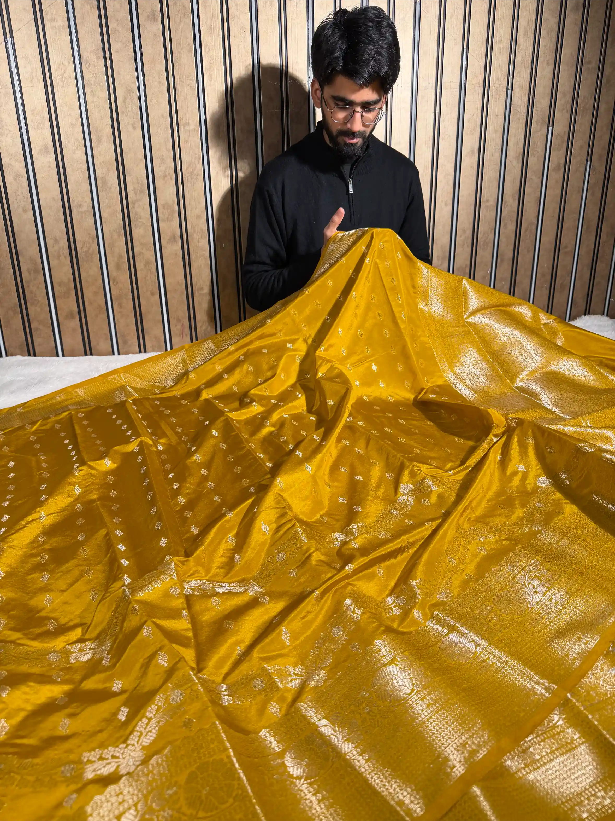 Mustard Gold Banana Silk Heritage Weave Banarasi Saree