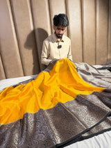 Mustard Warm Silk Zari Embossed Weave Banarasi Saree
