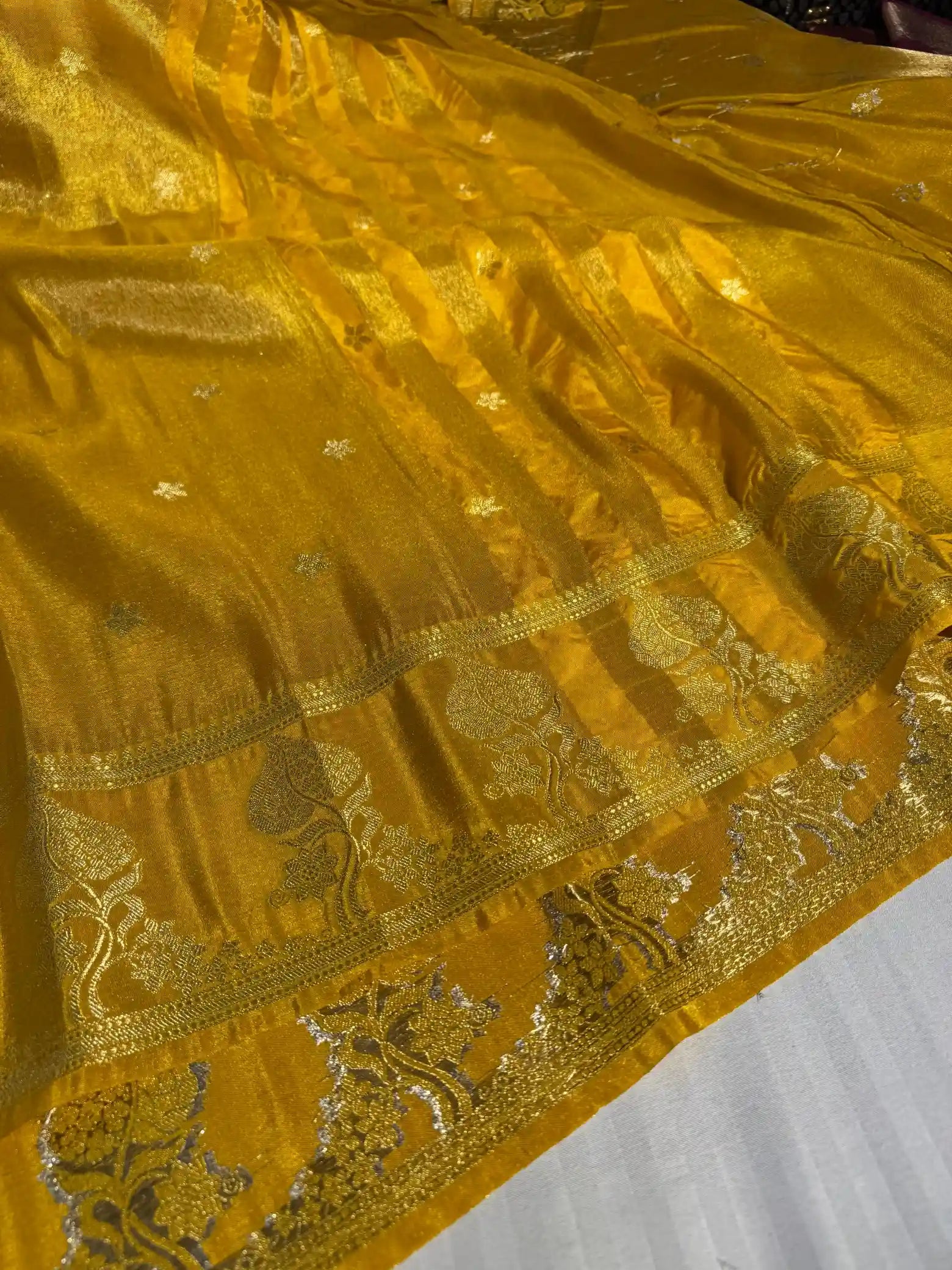 Mustard Yellow Breathable Katan Tissue Silk Traditional Buti Banarasi Saree