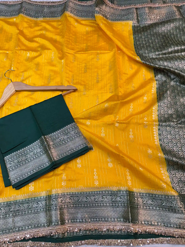 Mustard Yellow Eccentric Chiniya Silk Designer Banarasi Saree