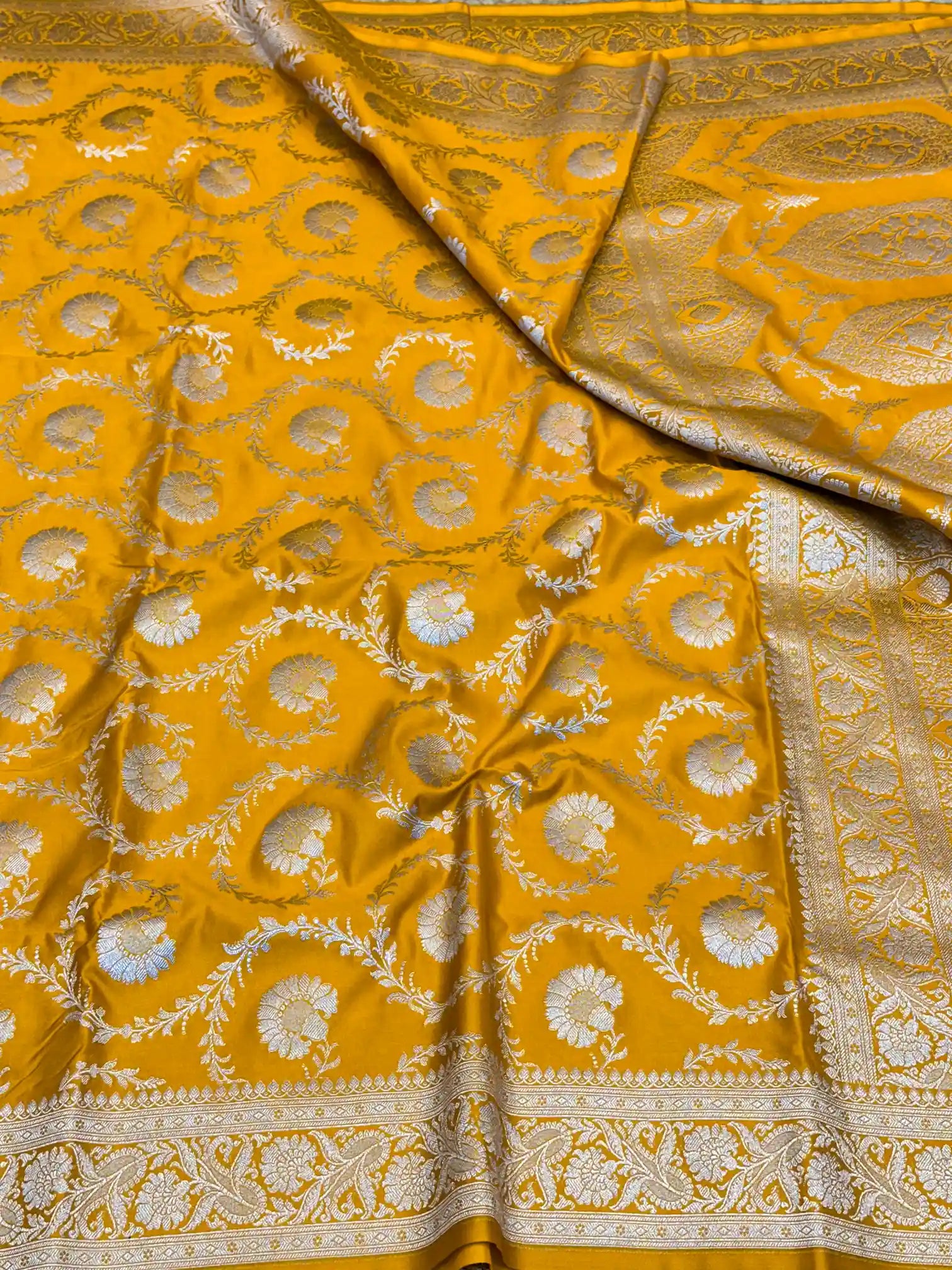 Mustard Yellow Floral Jaal Weave Mashru Katan Silk Saree
