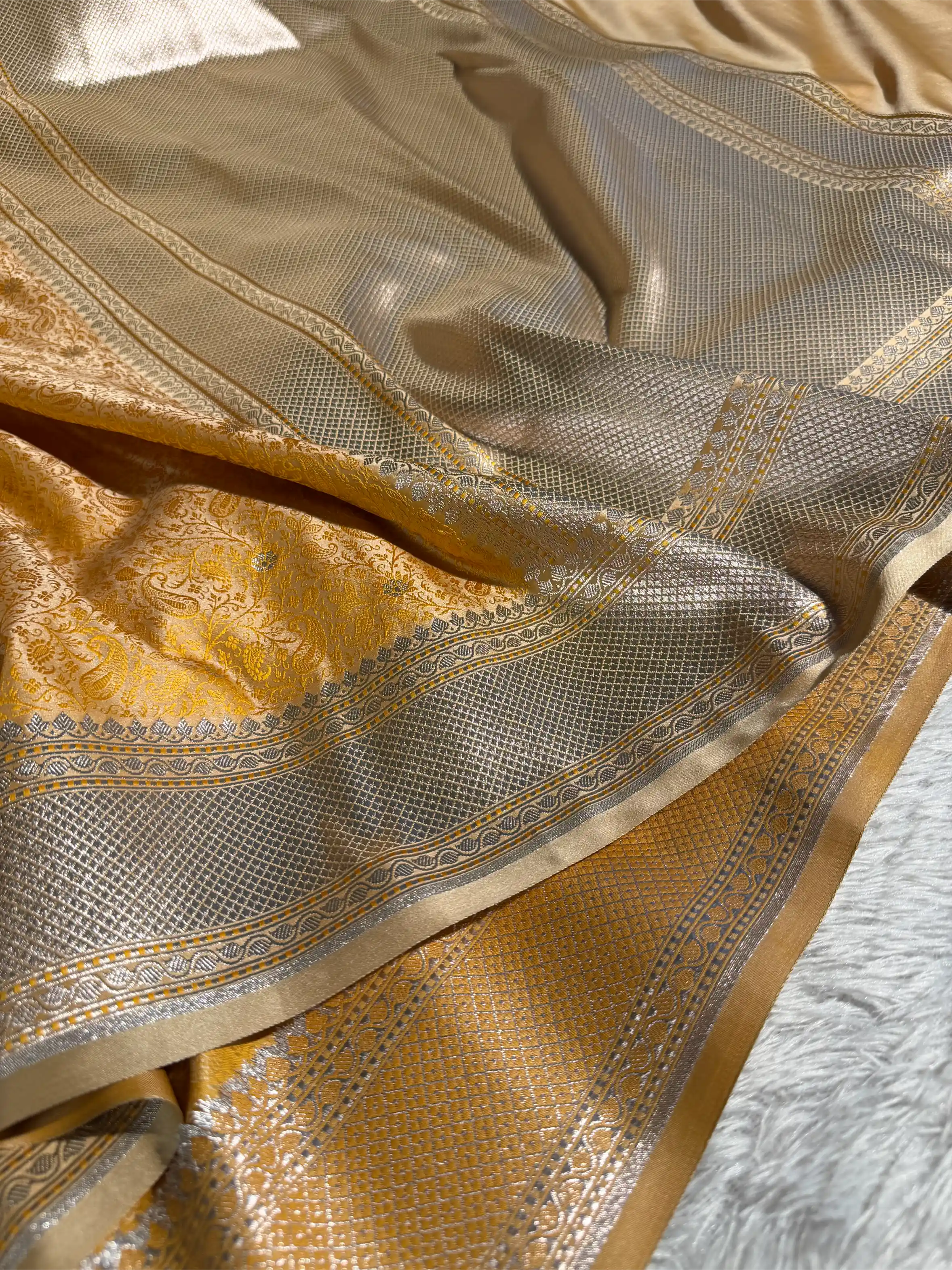 Mustard Yellow Intricate Mashru Katan Silk Tanchoi Banarasi Saree