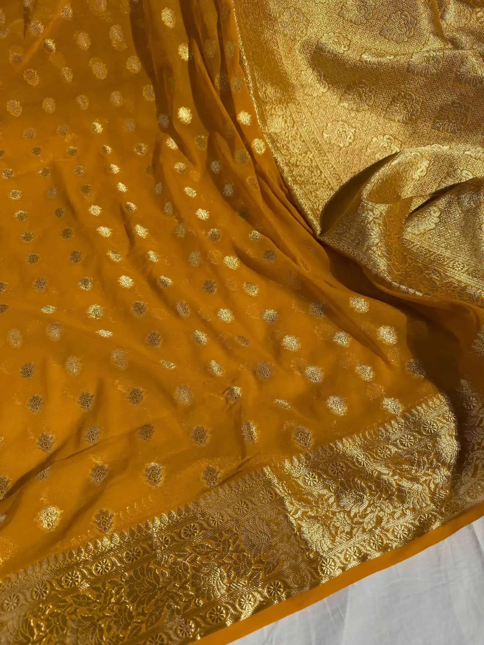 Mustard Yellow Khaddi Chiffon Buti Banarasi Saree
