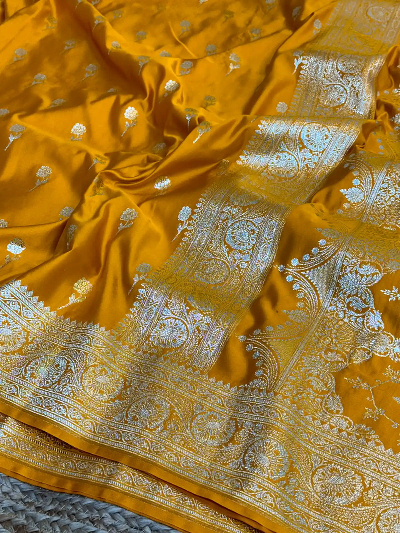 Mustard Yellow Mashru Katan Banarasi Saree with Zari Buti