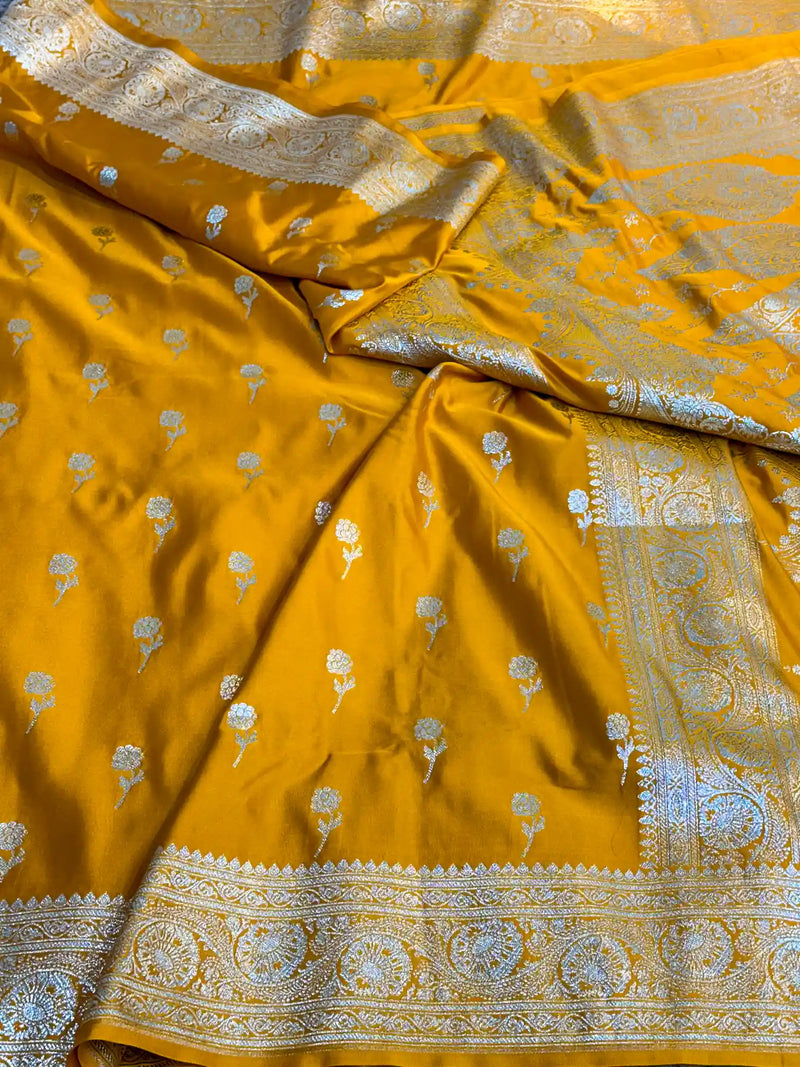 Mustard Yellow Mashru Katan Banarasi Saree with Zari Buti