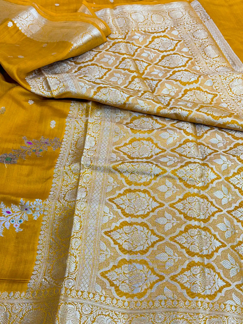 Mustard Yellow Meenakari Leheriya Chiniya Silk Saree