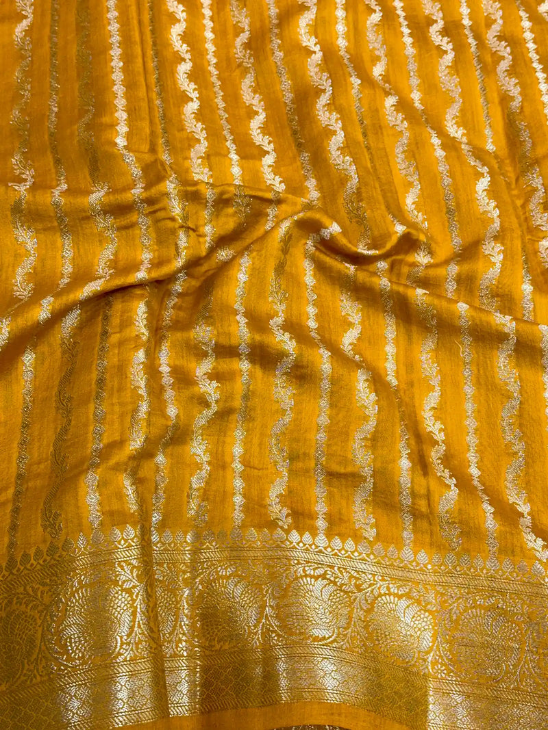 Mustard Yellow Meenakari Leheriya Chiniya Silk Saree