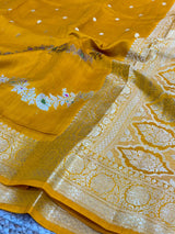 Mustard Yellow Meenakari Leheriya Chiniya Silk Saree