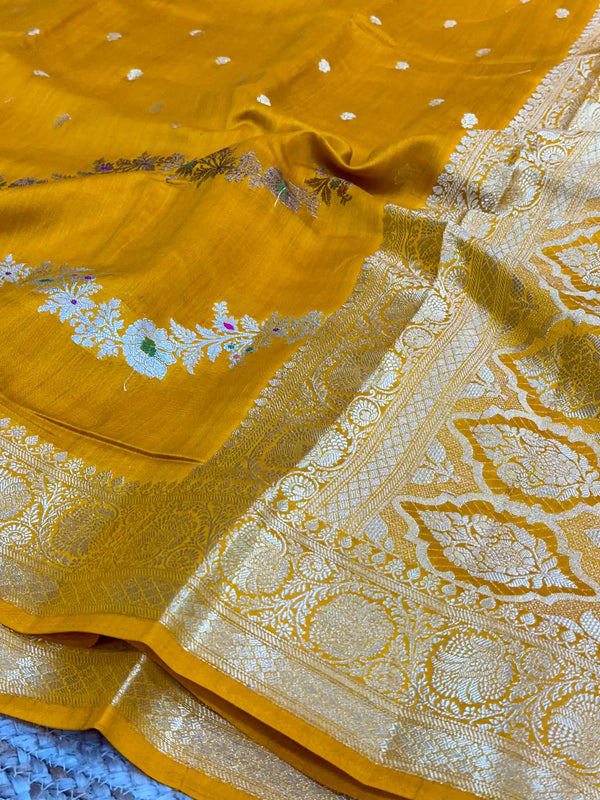 Mustard Yellow Meenakari Leheriya Chiniya Silk Saree