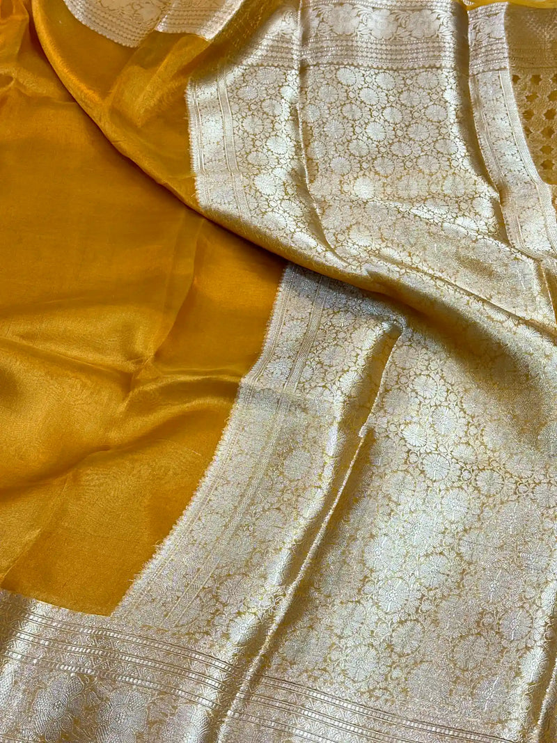 Mustard Yellow Pure Tissue Silk Banarasi Saree