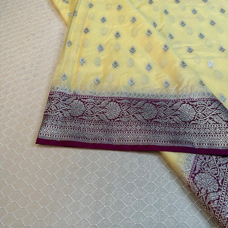 Mustard Yellow Georgette Katan Silk Khaddi Banarasi Saree