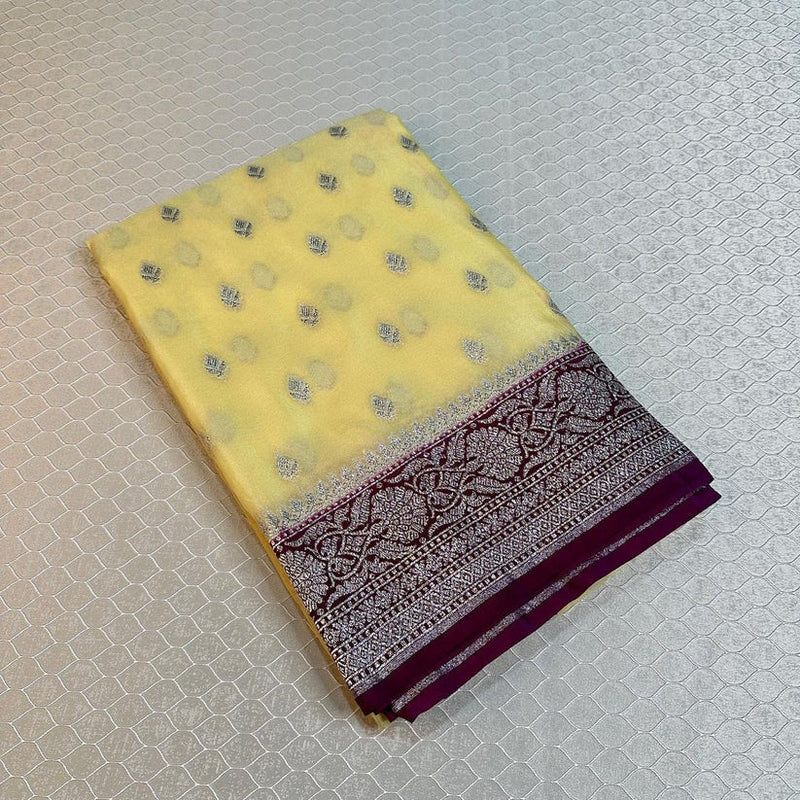 Mustard Yellow Georgette Katan Silk Khaddi Banarasi Saree