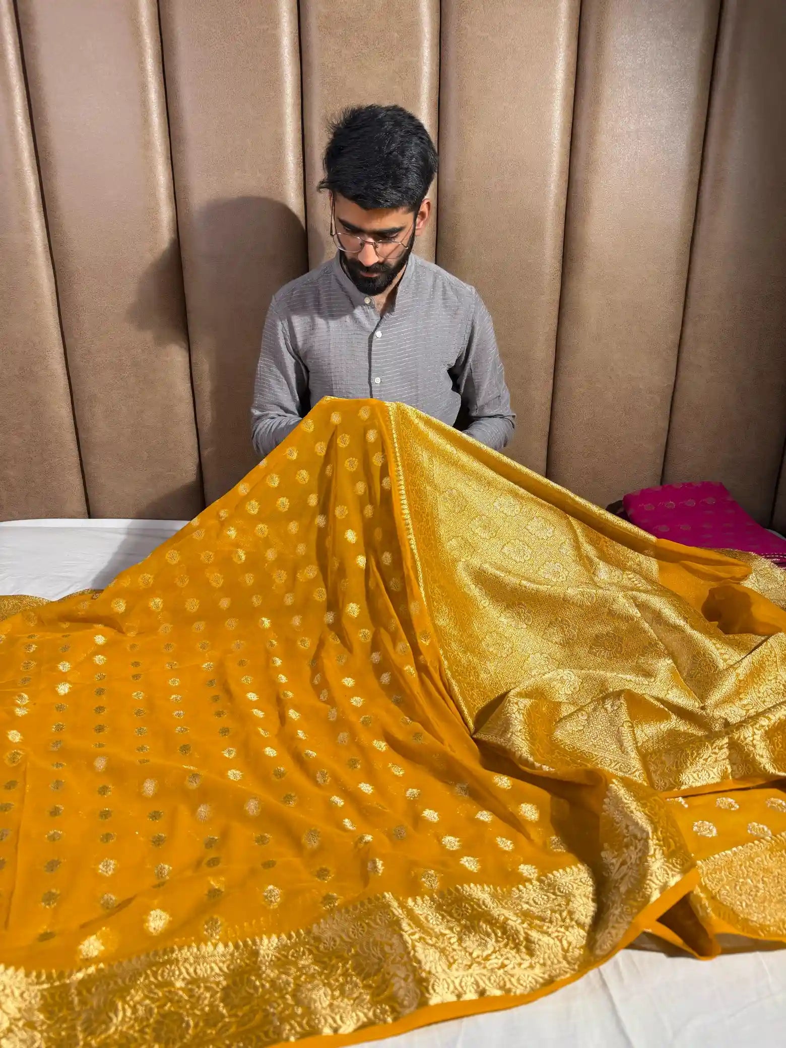 Mustard Yellow Khaddi Chiffon Buti Banarasi Saree