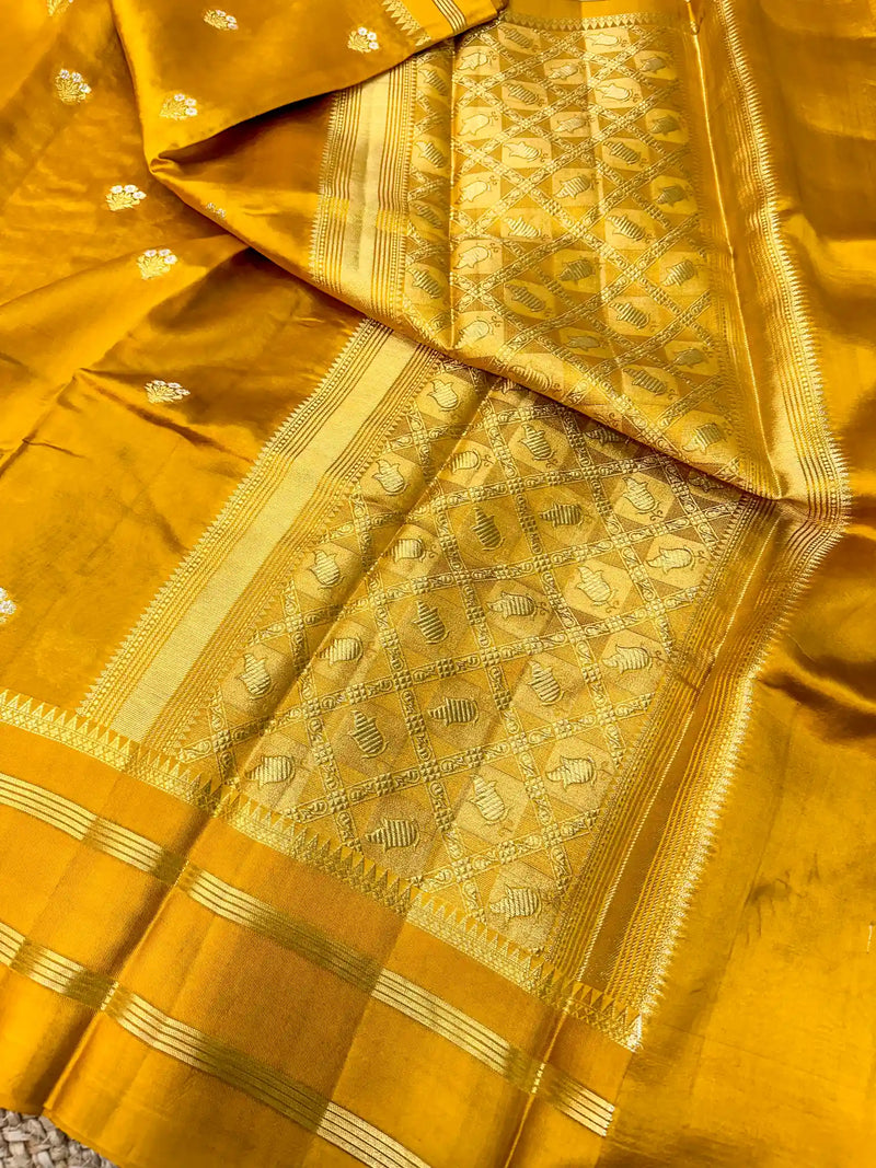 Mustard Yellow Raw Mango Silk Banarasi Saree