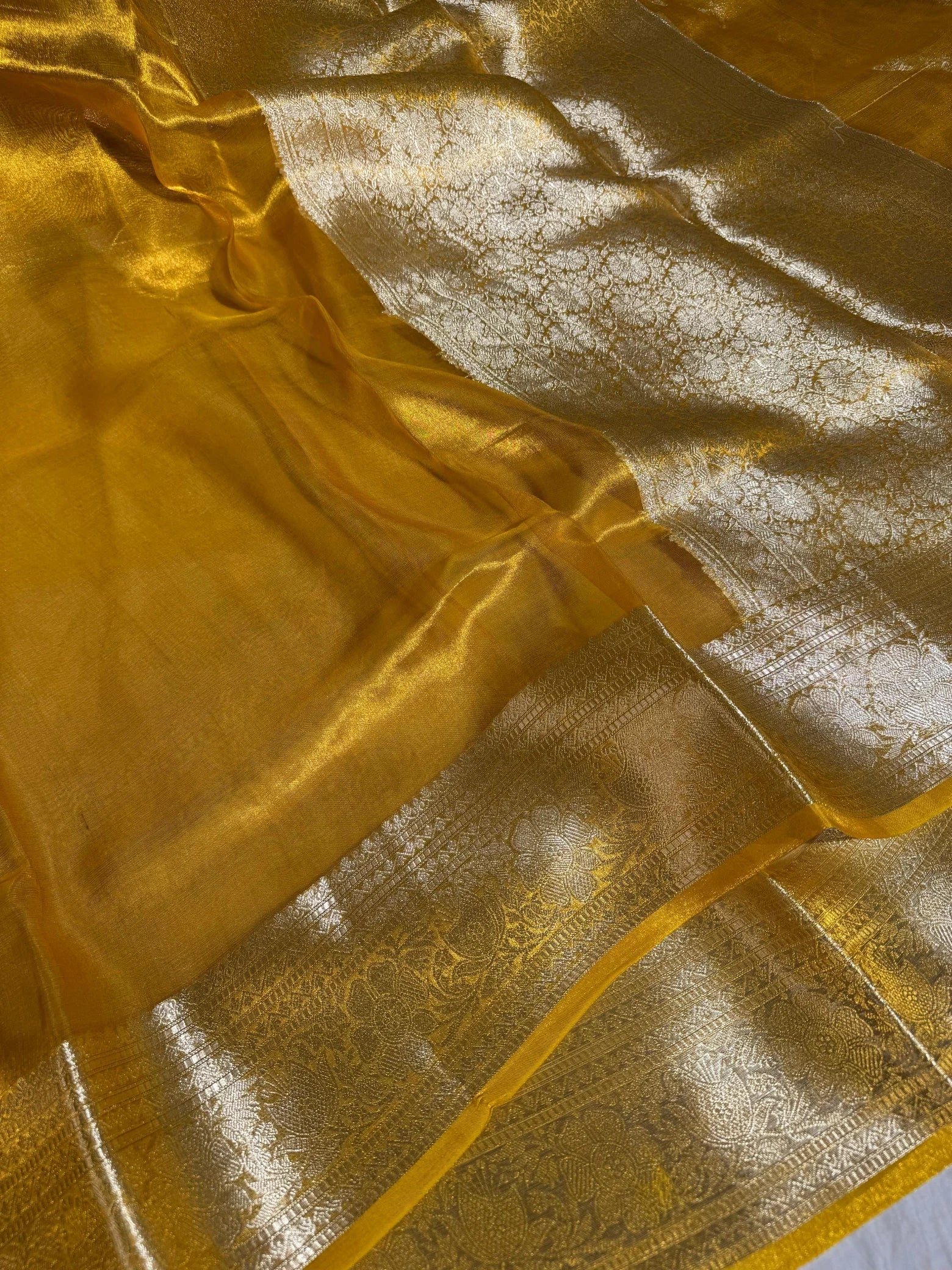 Mustard colour Pure Banarasi tissue silk saree rich pallu