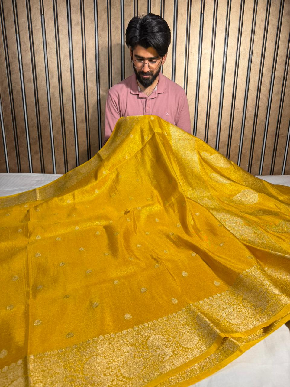 Mustard yellow breathable Katan tissue silk Banarasi saree