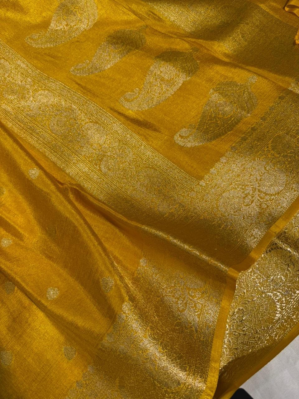 Mustard yellow breathable Katan tissue silk Banarasi saree