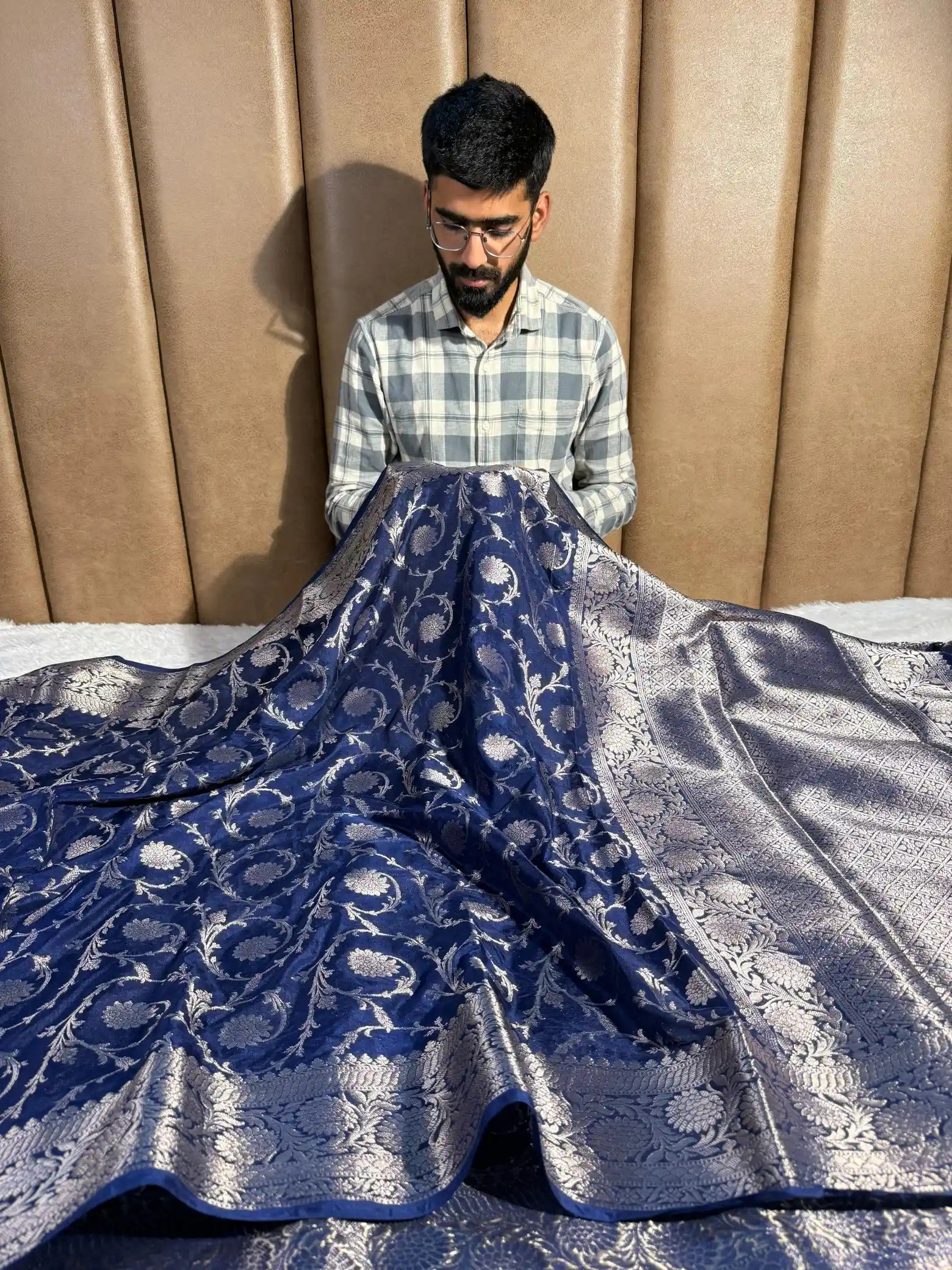 Navy Blue Chinia Silk Intricate Floral Weave Banarasi Saree