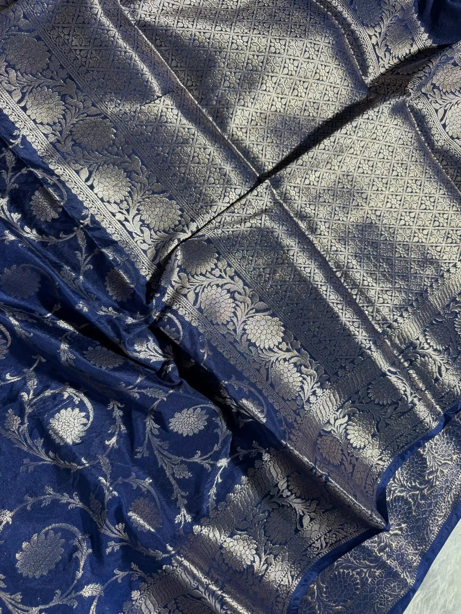 Navy Blue Chinia Silk Intricate Floral Weave Banarasi Saree