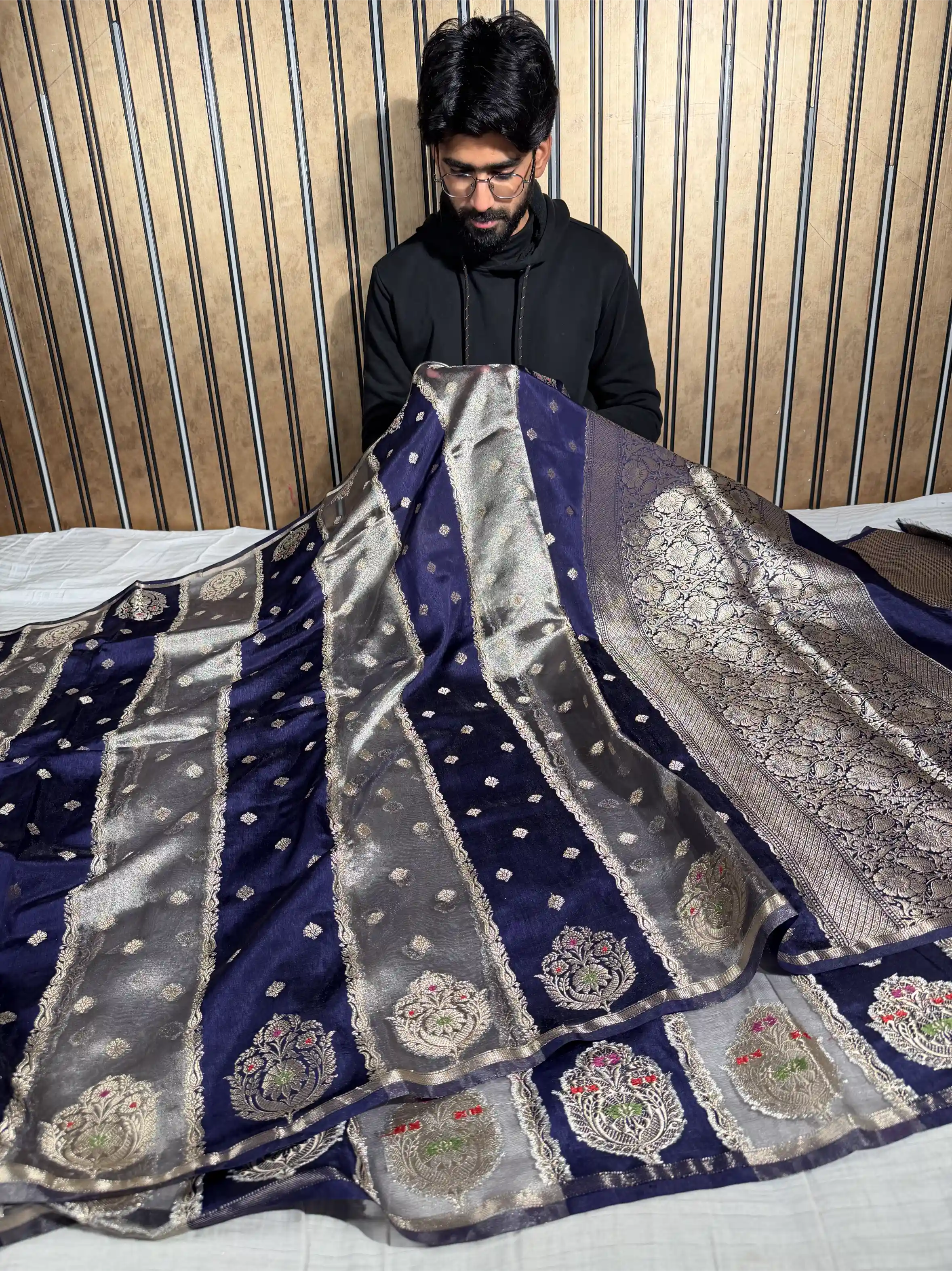 Navy Blue Chinia Tissue Silk Heritage Weave Banarasi Saree