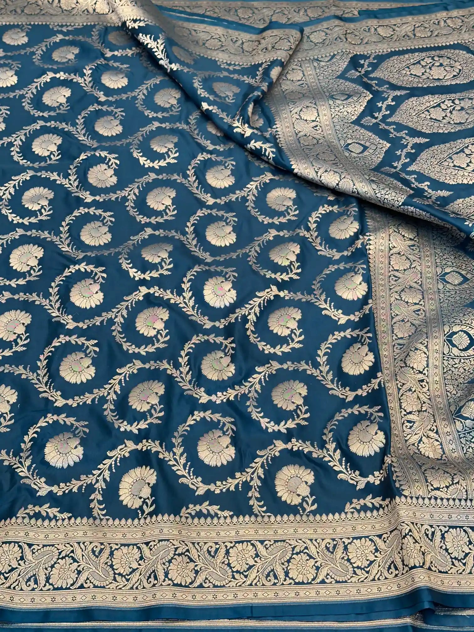 Navy Blue Floral Jaal Weave Mashru Katan Silk Saree 