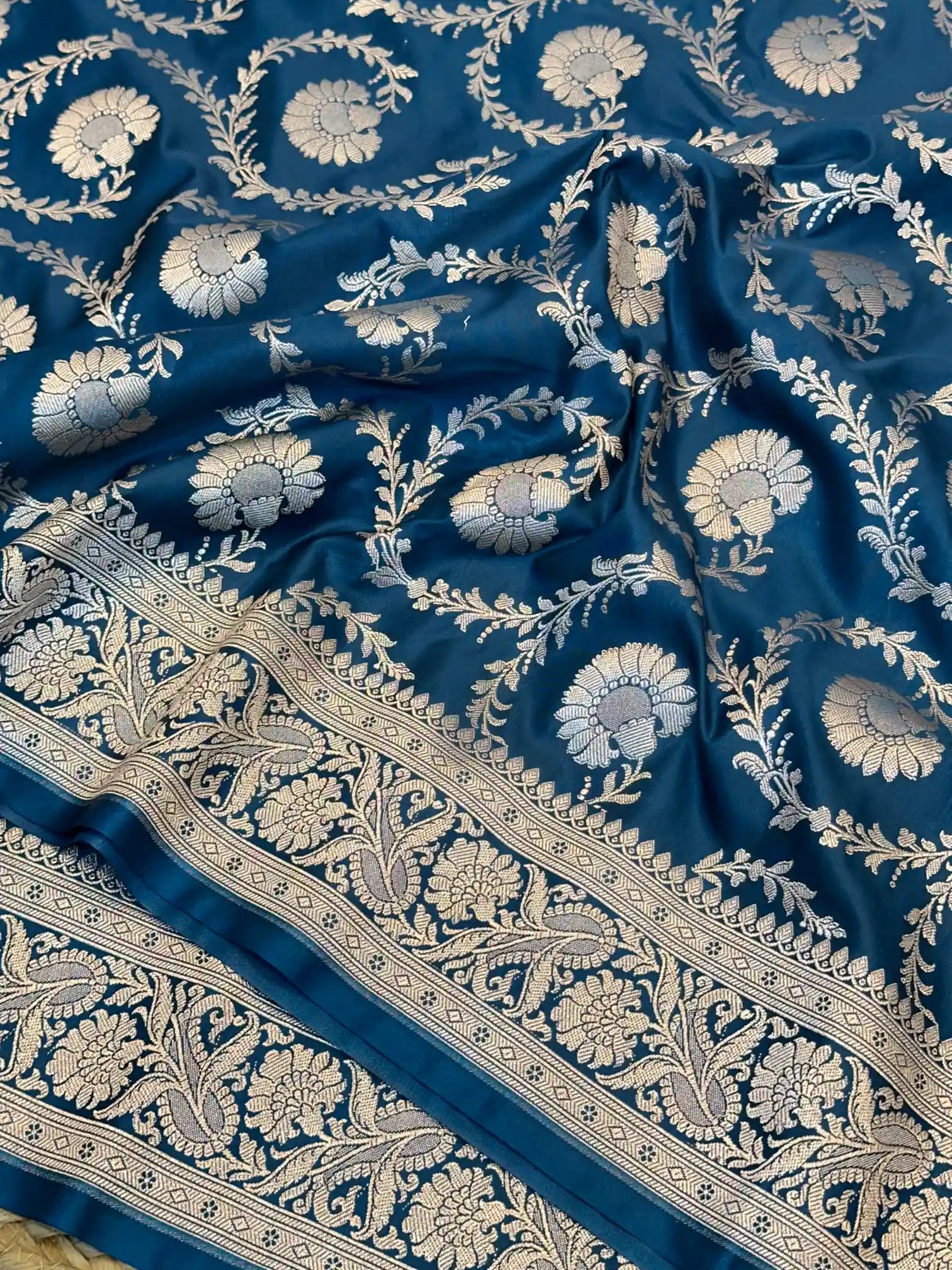 Navy Blue Floral Jaal Weave Mashru Katan Silk Saree