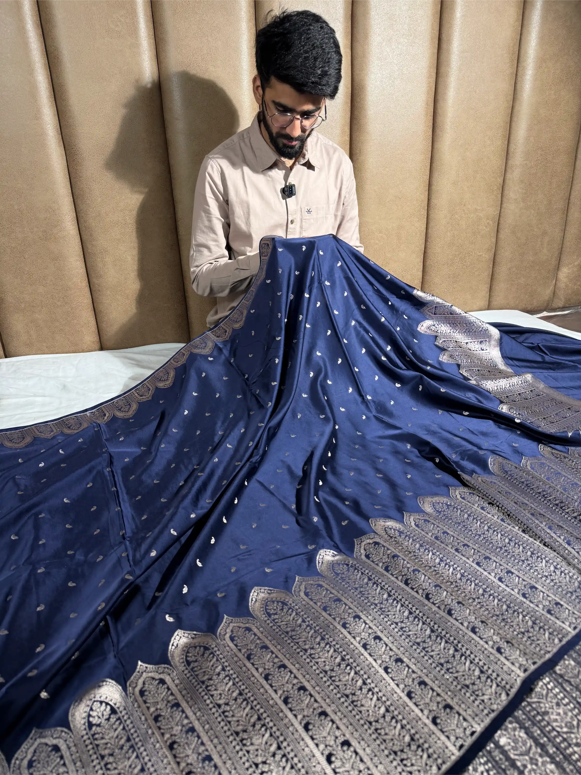 Navy Blue Heritage Mashru Katan Banarasi Saree