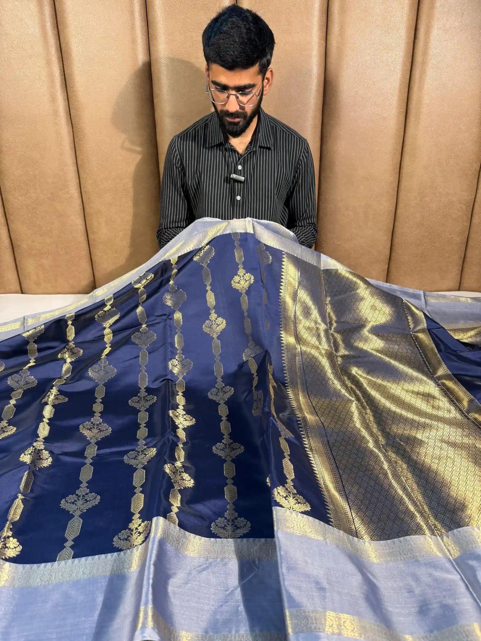 Navy Blue Heritage Semi Katan Silk Banarasi Saree