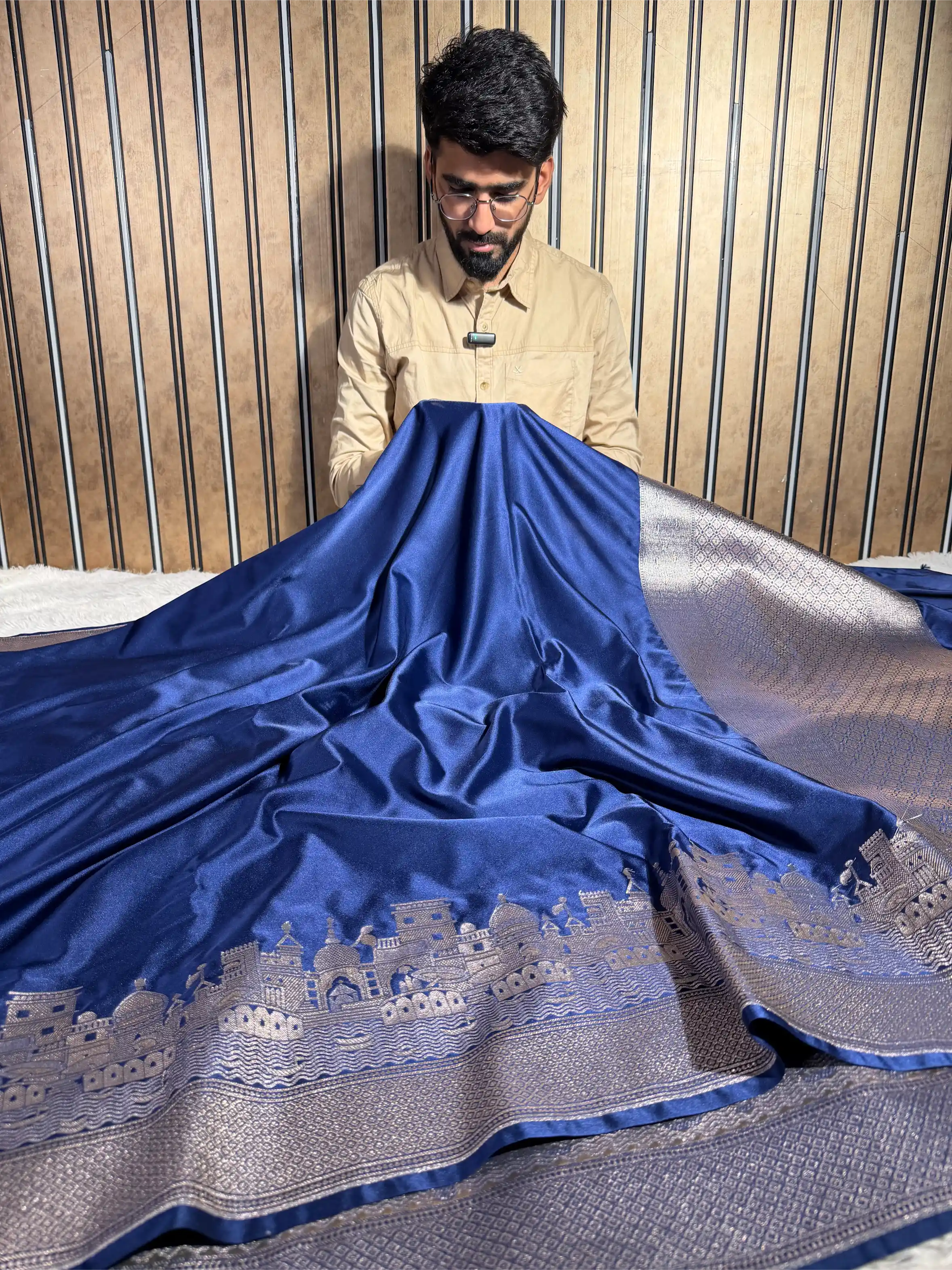 Navy Blue Mashru Katan Silk Ghats Banarasi Saree