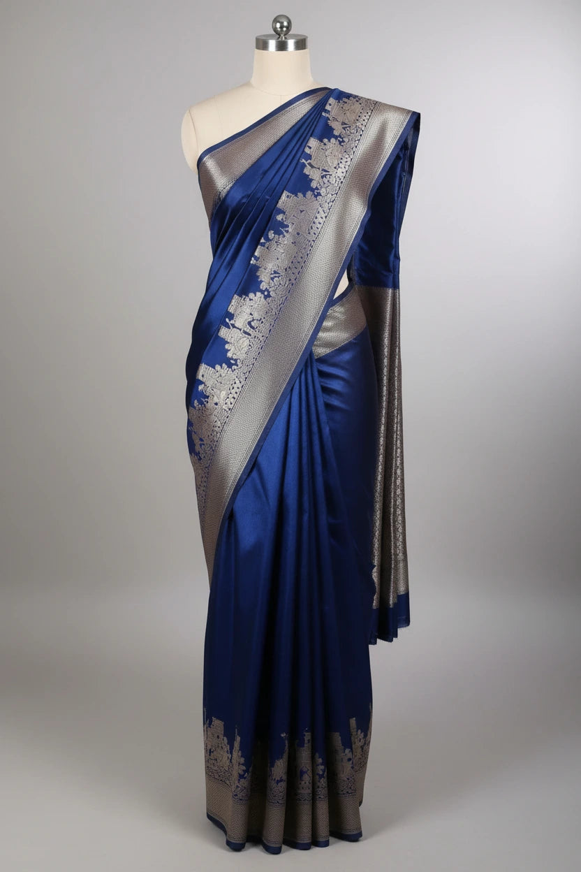 Navy Blue Mashru Katan Silk Ghats Banarasi Saree