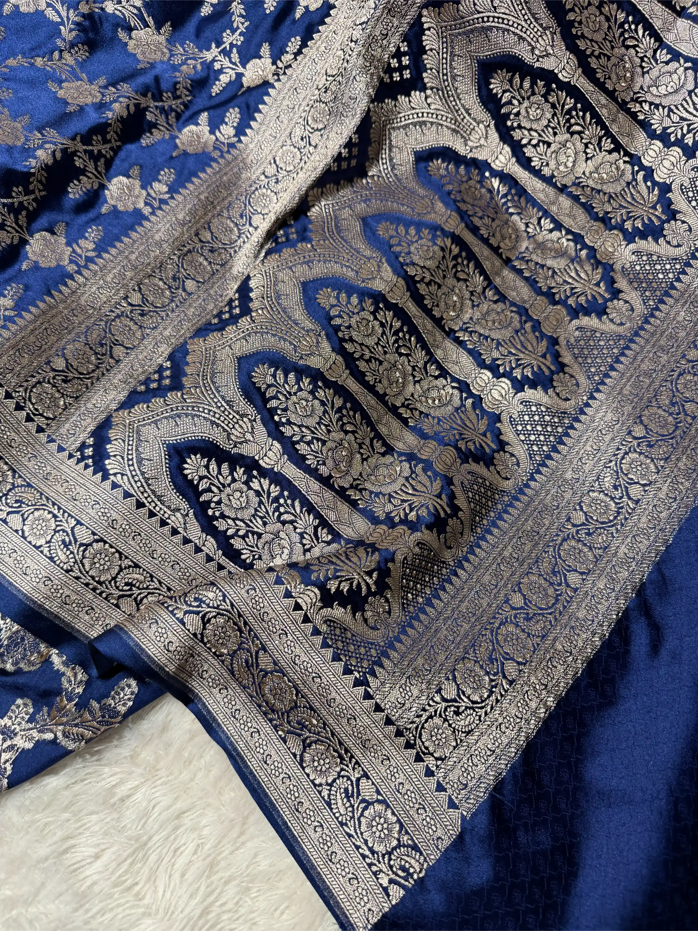 Navy Blue Mashru Katan Silk Heritage Jaal Weave Banarasi Saree
