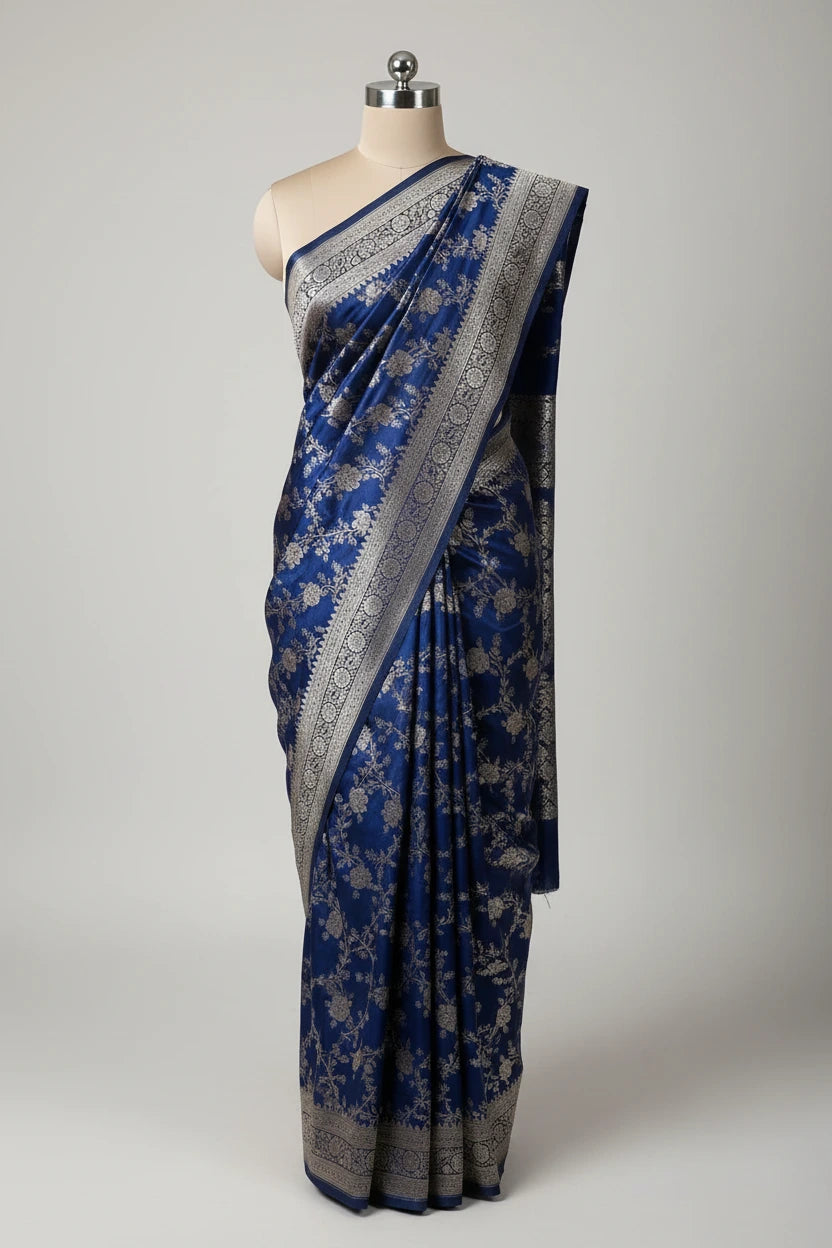 Navy Blue Mashru Katan Silk Heritage Jaal Weave Banarasi Saree