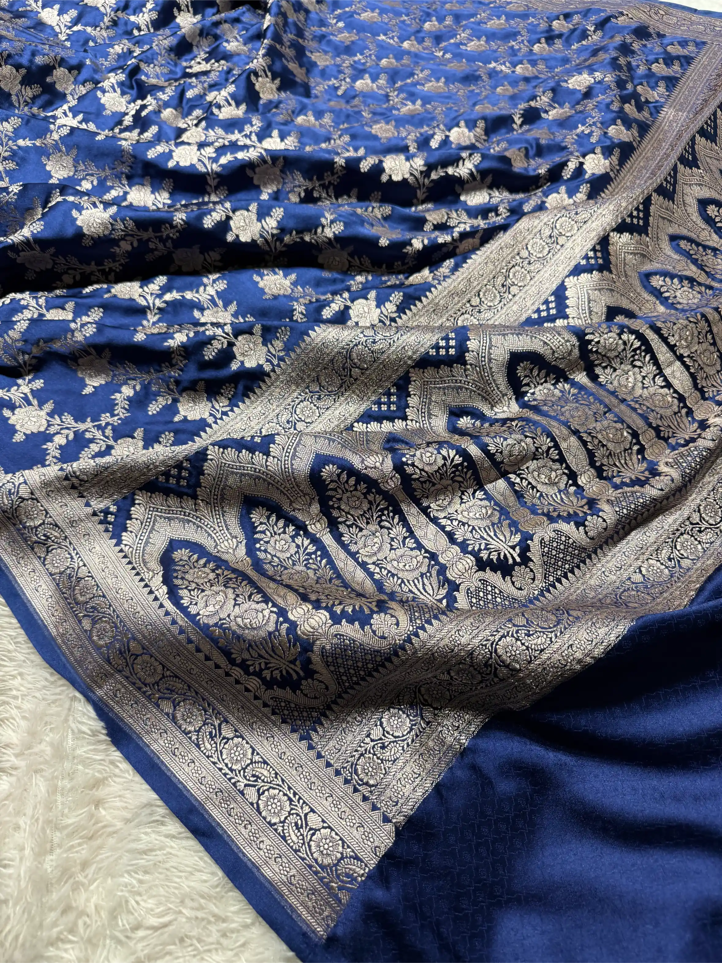 Navy Blue Mashru Katan Silk Heritage Jaal Weave Banarasi Saree