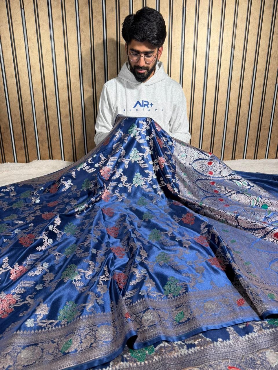 Navy Blue Mashru Katan Silk Intricate Meenakari Banarasi Saree